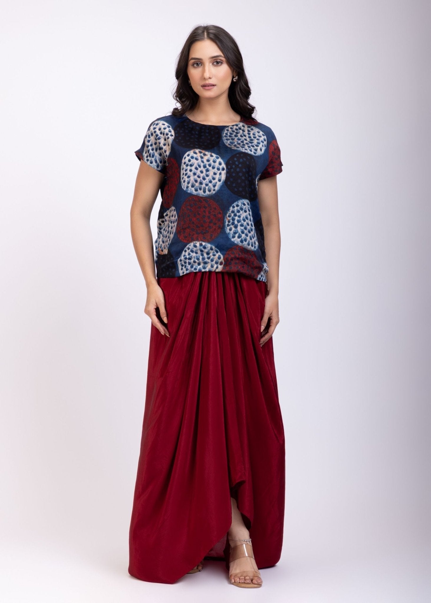 Indigo Blue Handpainted Crop Top Drape Skirt Set - Anvi Couture
