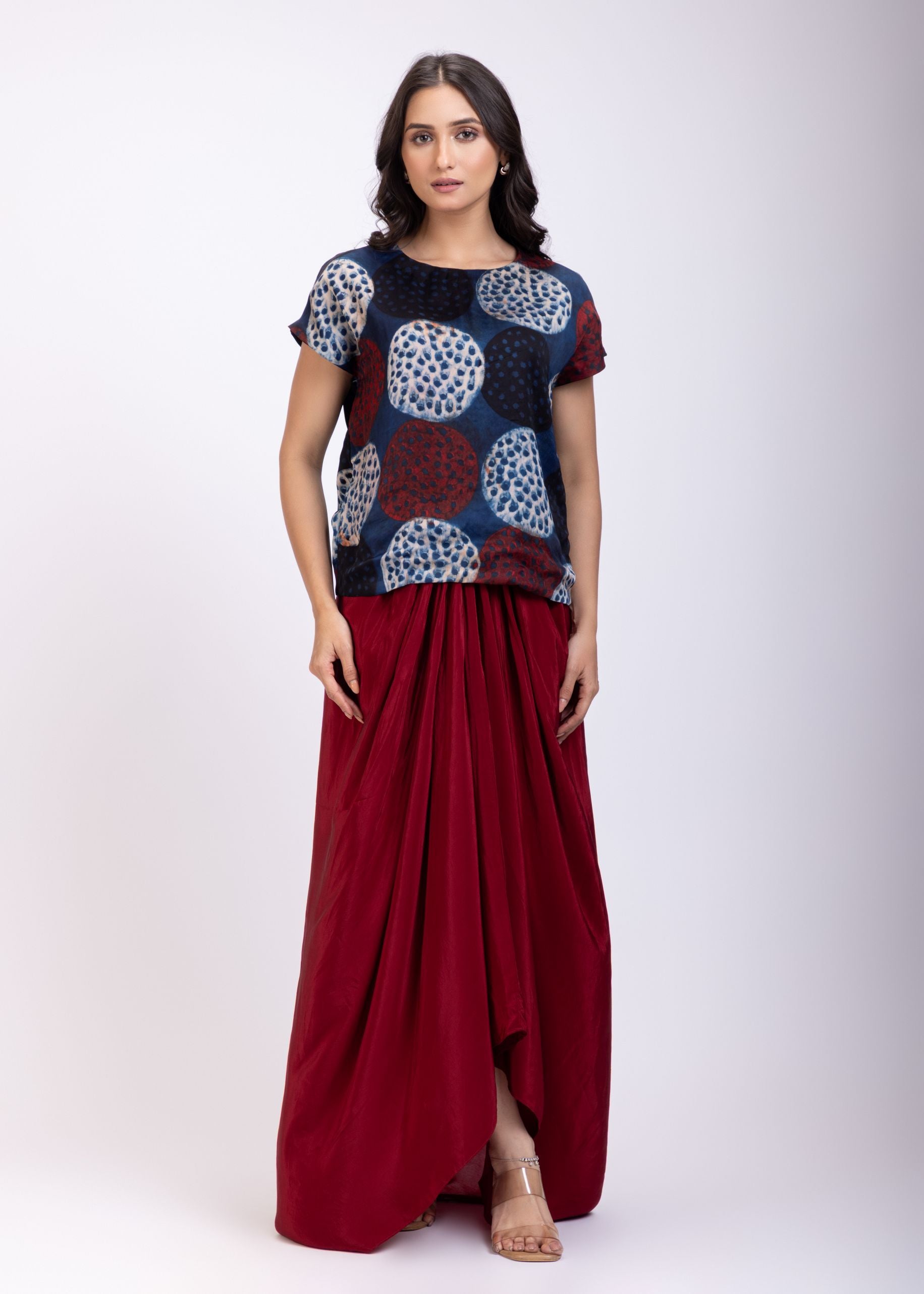 Indigo Blue Handpainted Crop Top Drape Skirt Set Full