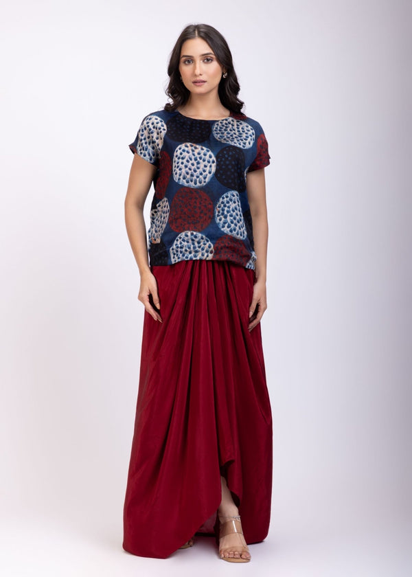 Indigo Blue Handpainted Crop Top Drape Skirt Set - Anvi Couture