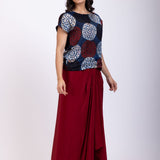 Indigo Blue Handpainted Crop Top Drape Skirt Set Side
