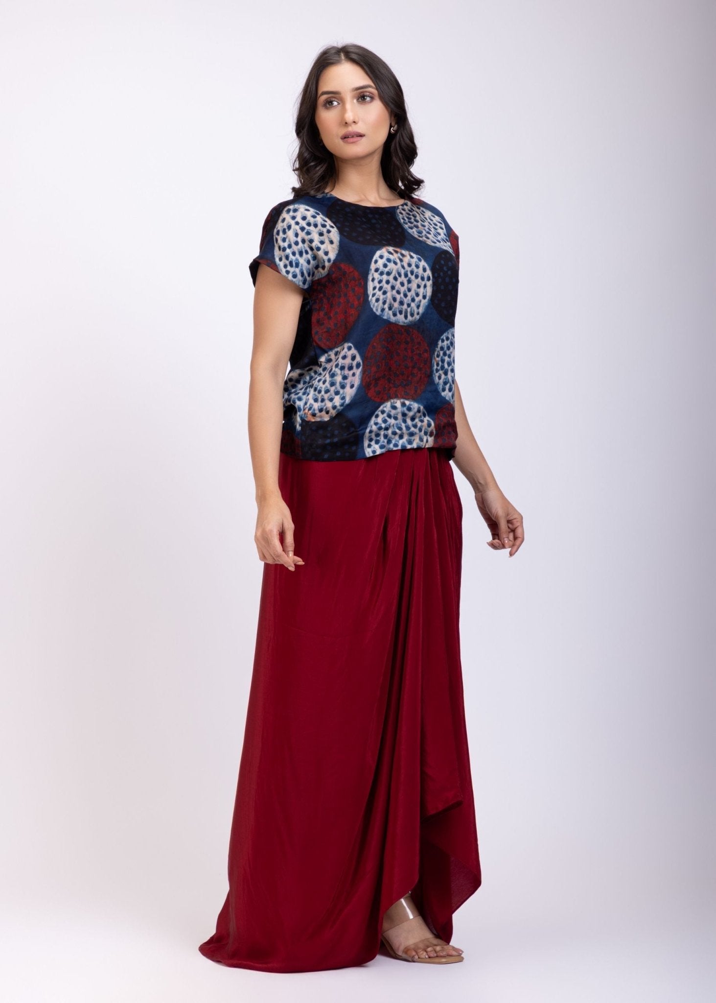 Indigo Blue Handpainted Crop Top Drape Skirt Set - Anvi Couture