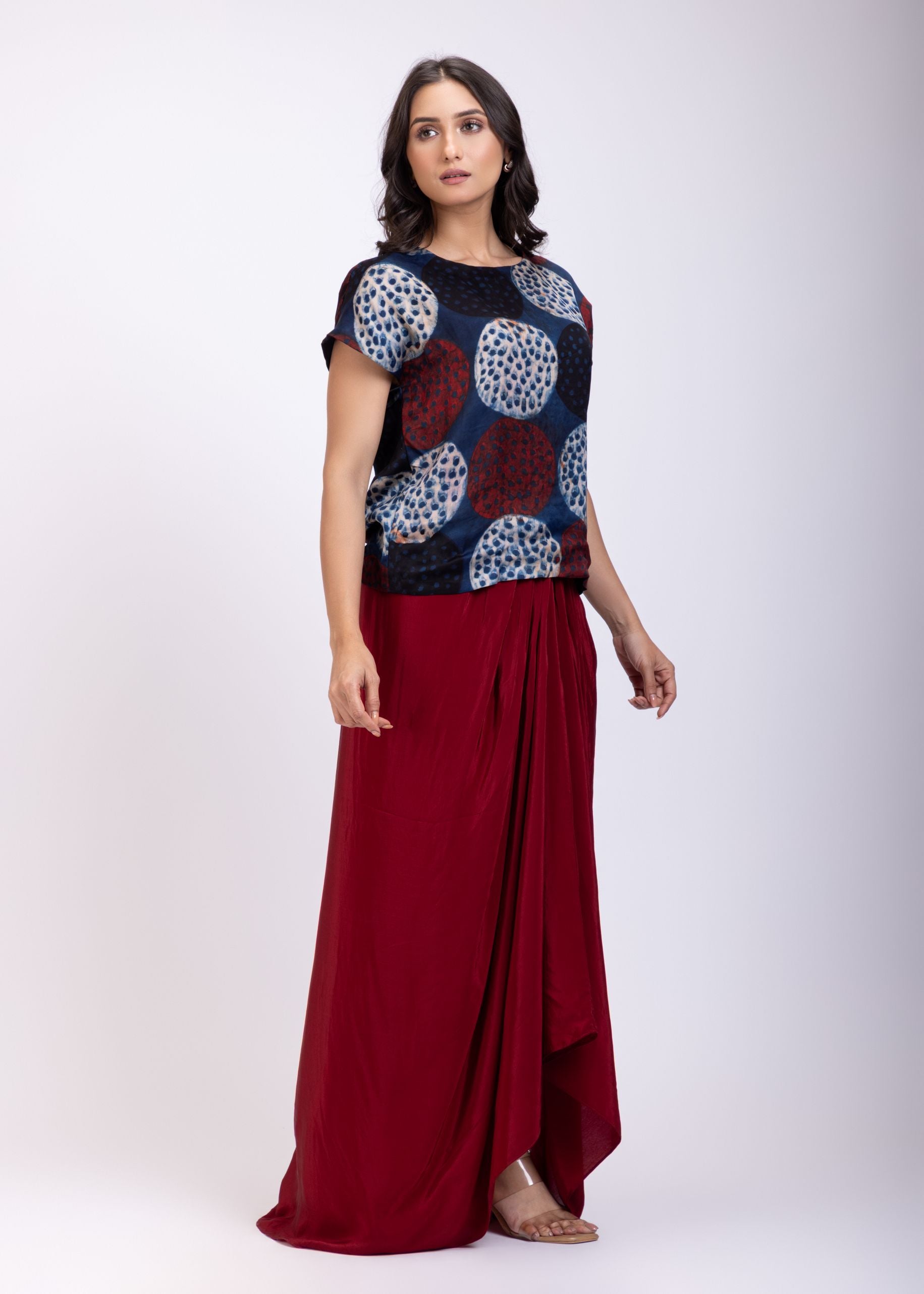 Indigo Blue Handpainted Crop Top Drape Skirt Set Side
