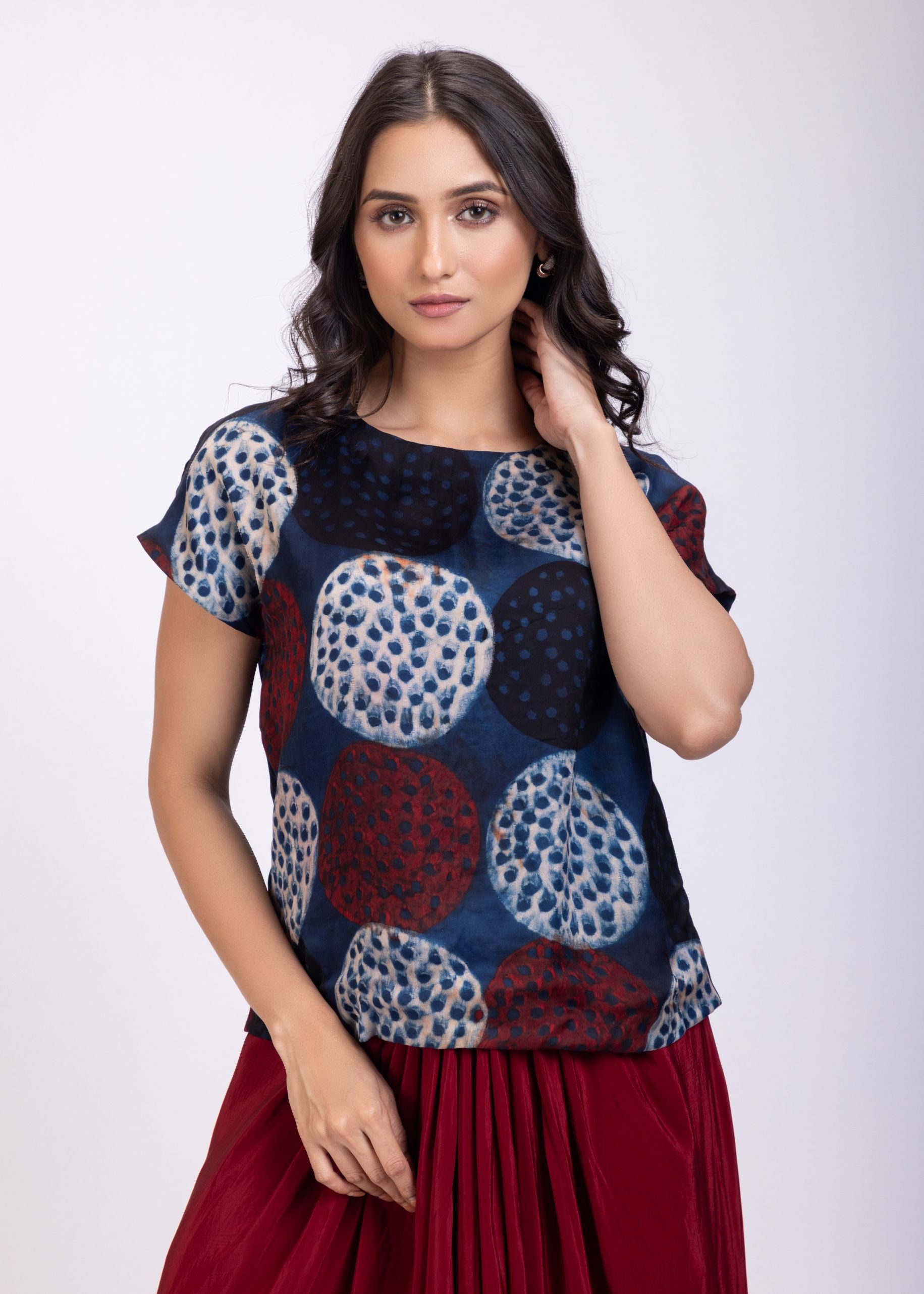 Indigo Blue Handpainted Crop Top Drape Skirt Set Close Up