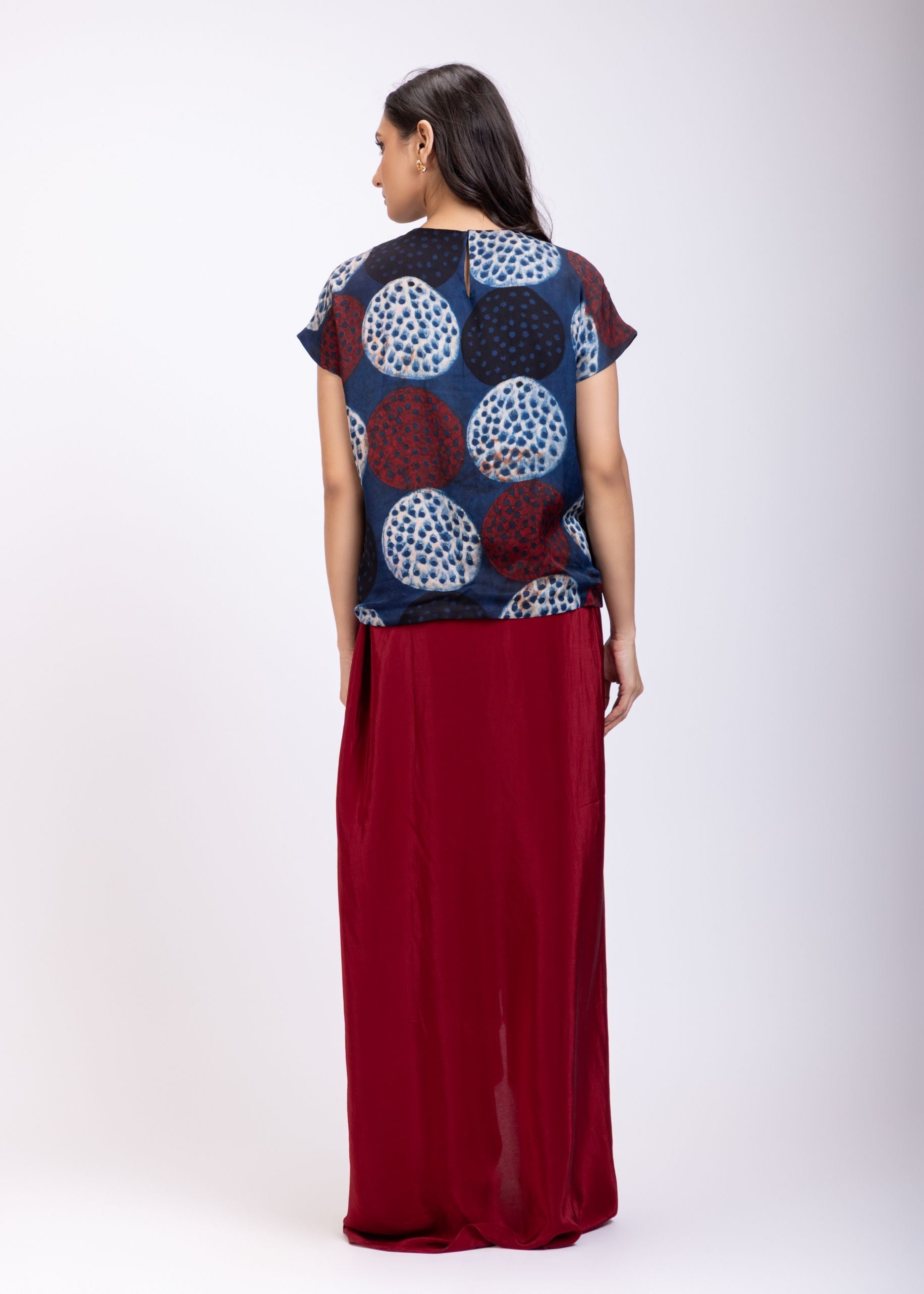 Indigo Blue Handpainted Crop Top Drape Skirt Set Back