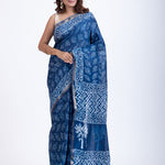 Indigo Blue Printed Handloom Cotton Saree - Anvi Couture