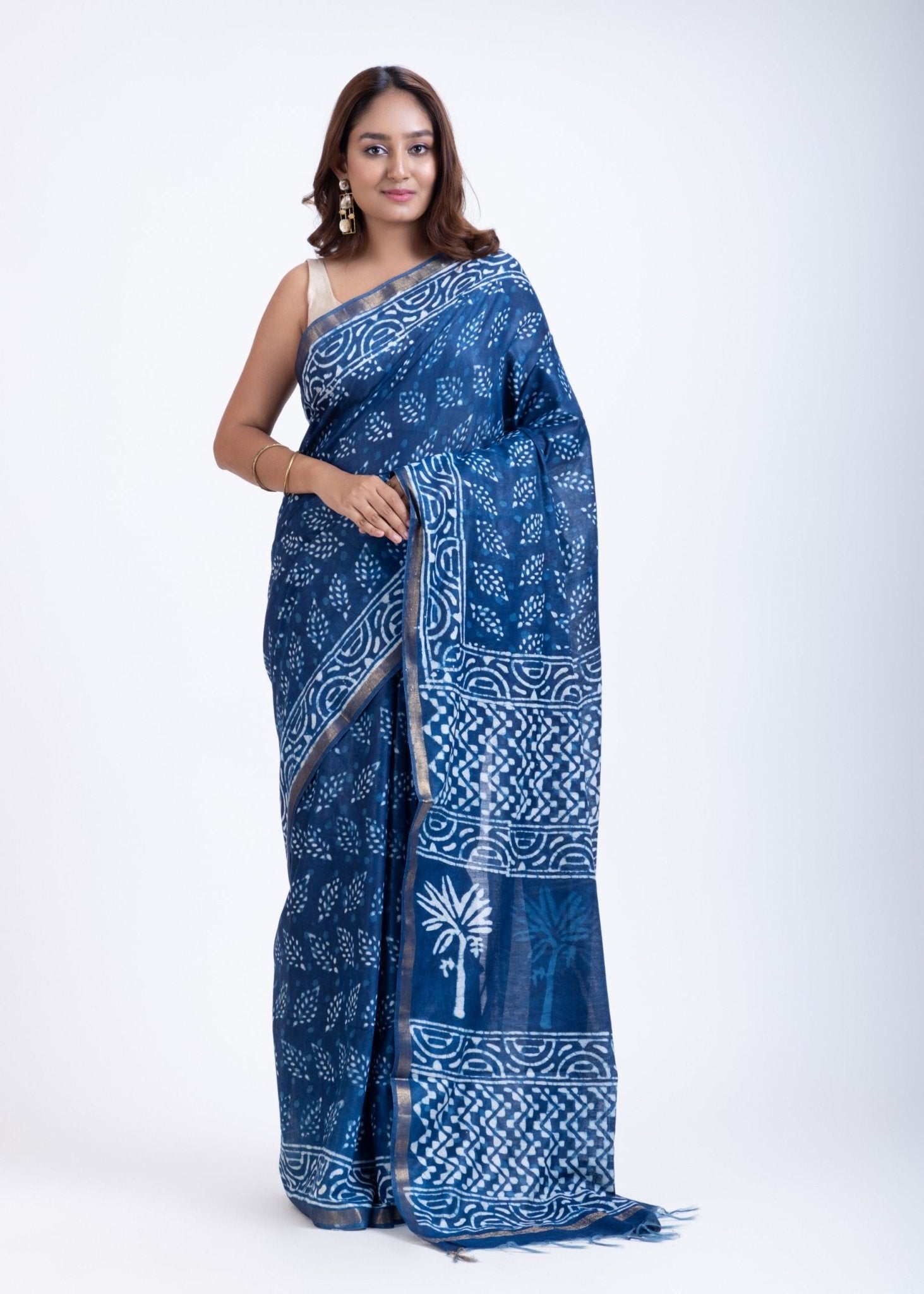 Indigo Blue Printed Handloom Cotton Saree - Anvi Couture