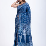 Indigo Blue Printed Handloom Cotton Saree - Anvi Couture