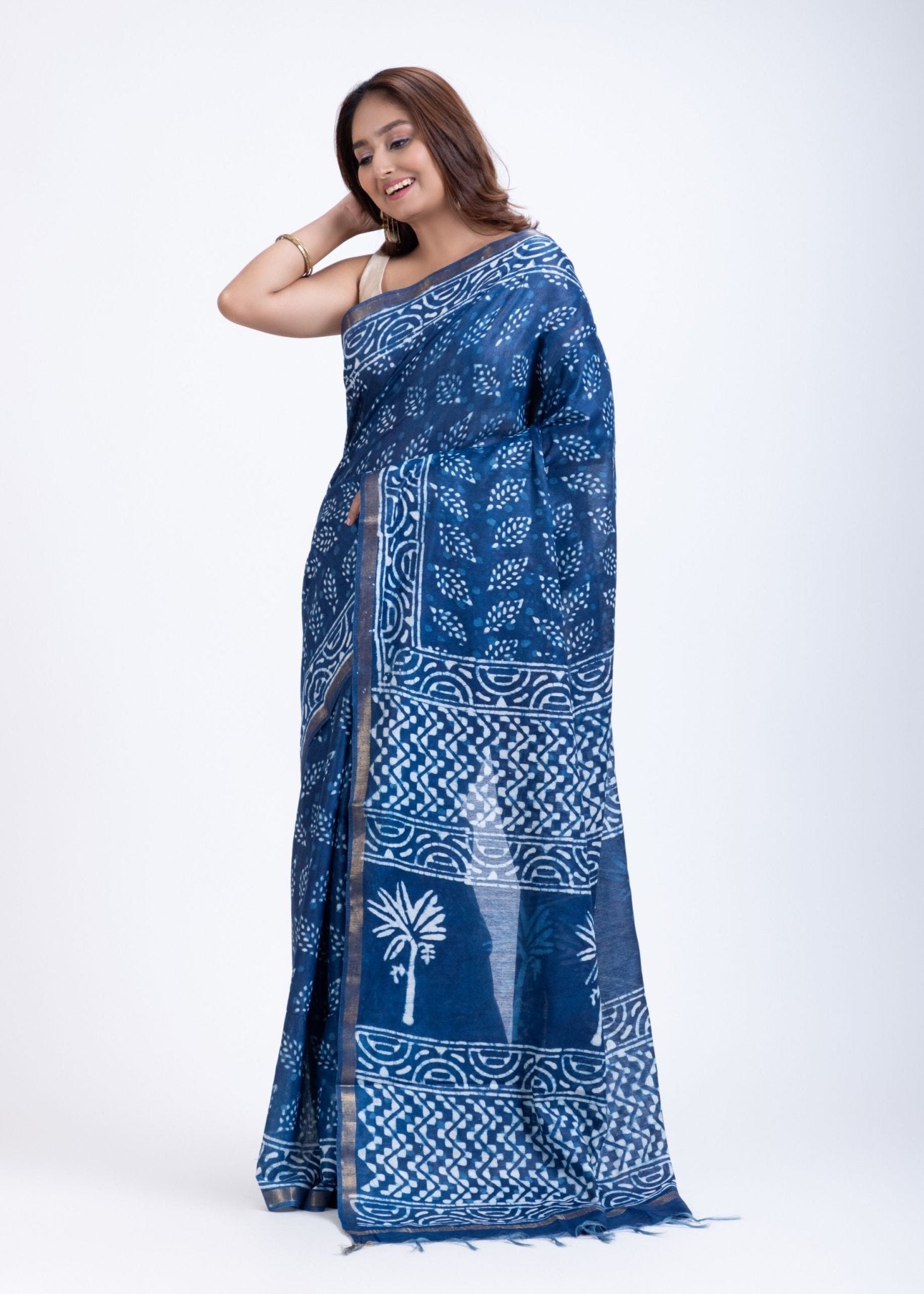 Indigo Blue Printed Handloom Cotton Saree - Anvi Couture