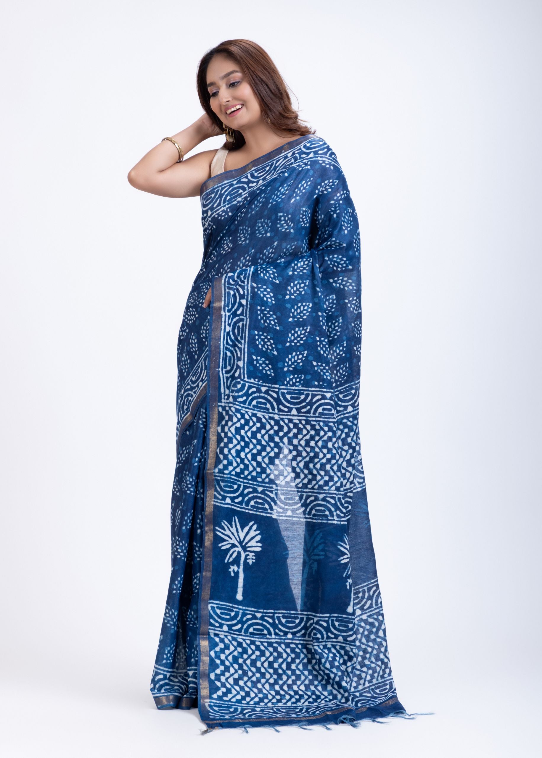 Indigo Blue Printed Handloom Cotton Saree Front
