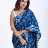 Indigo Blue Printed Handloom Cotton Saree - Anvi Couture