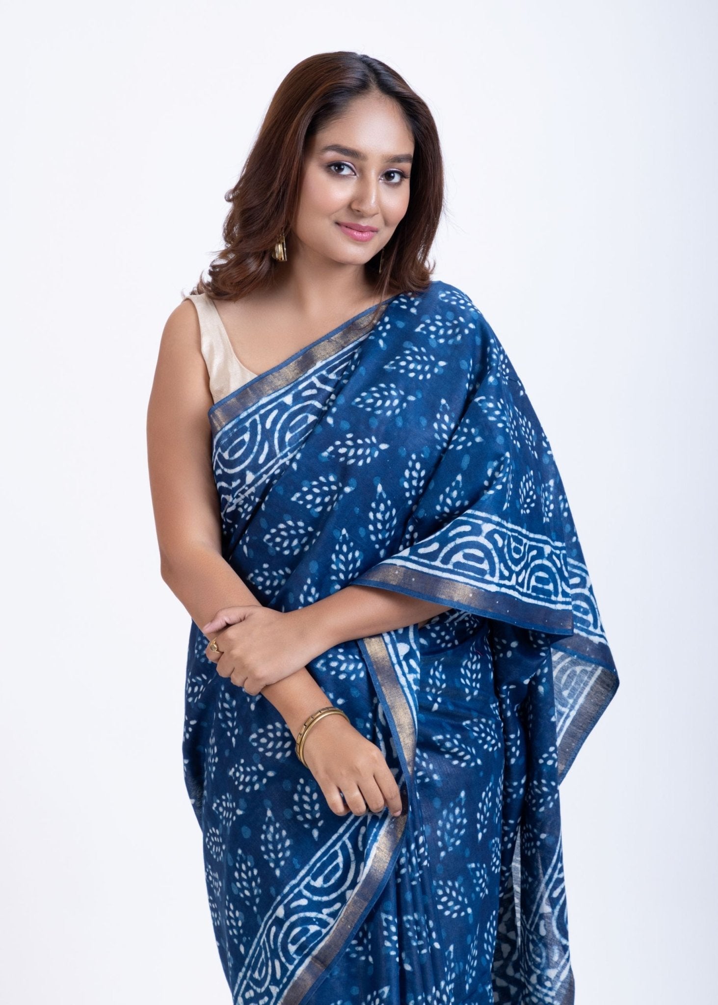 Indigo Blue Printed Handloom Cotton Saree - Anvi Couture