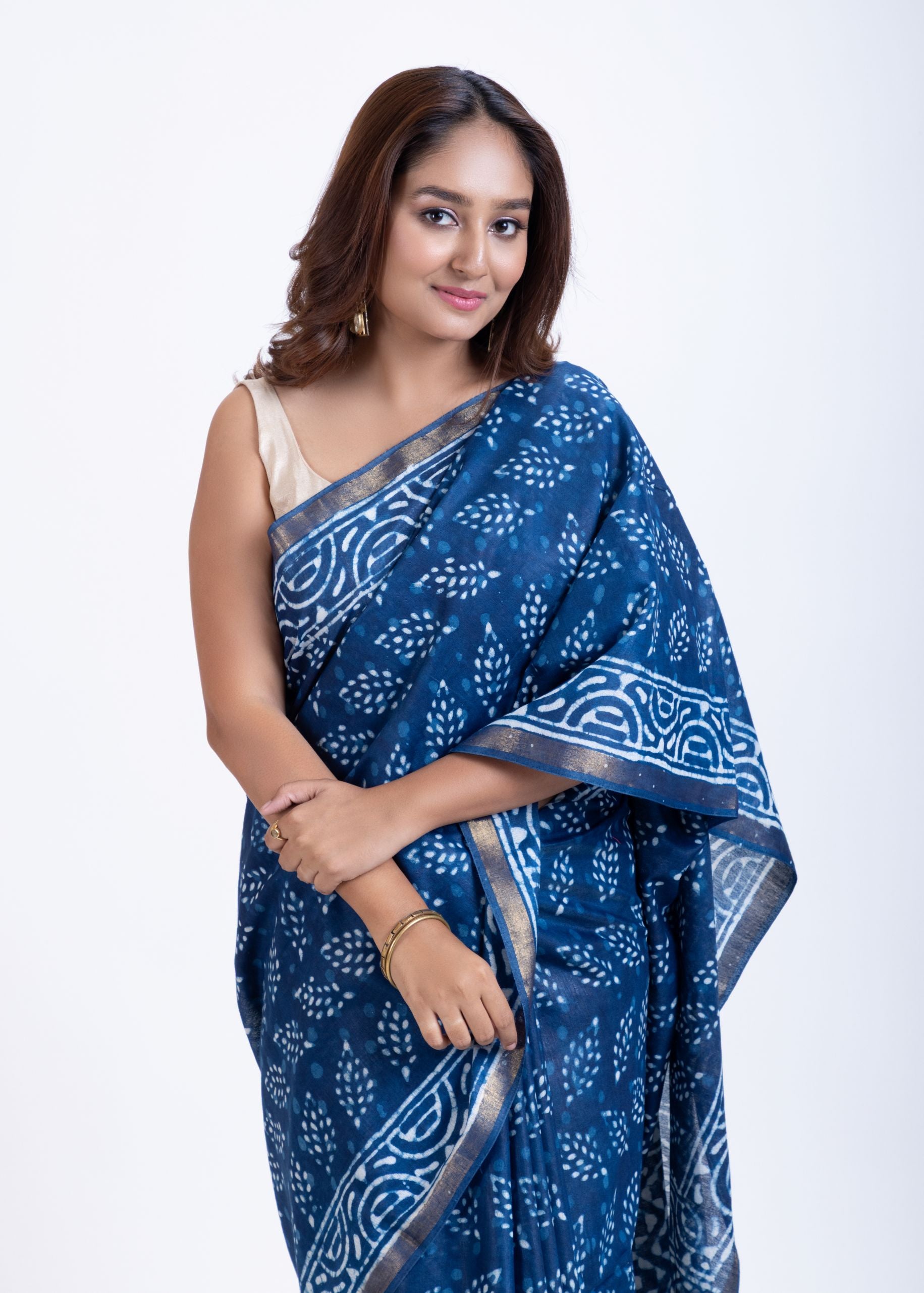 Indigo Blue Printed Handloom Cotton Saree Close Up
