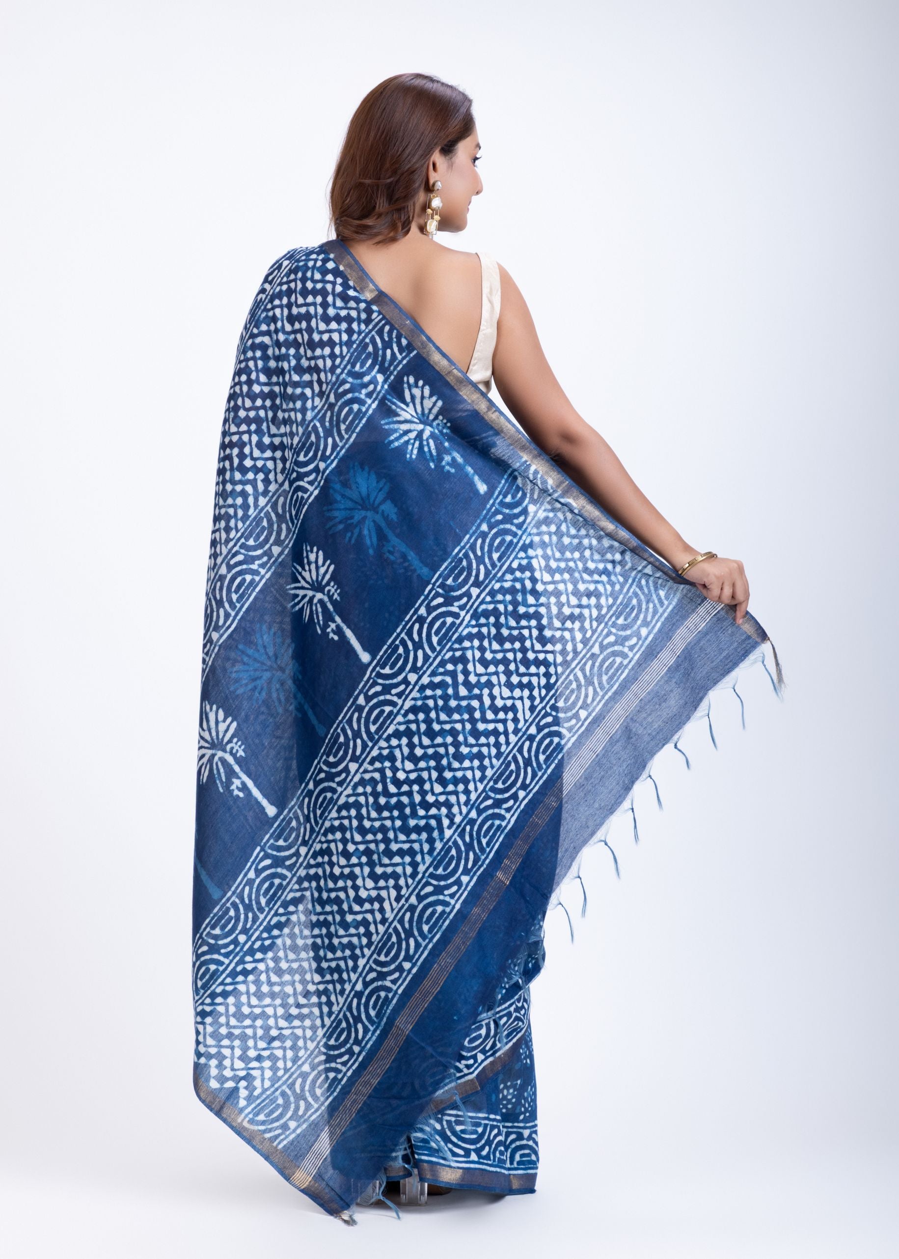 Indigo Blue Printed Handloom Cotton Saree Back
