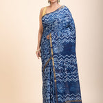Indigo Hand Block Print Cotton Saree front