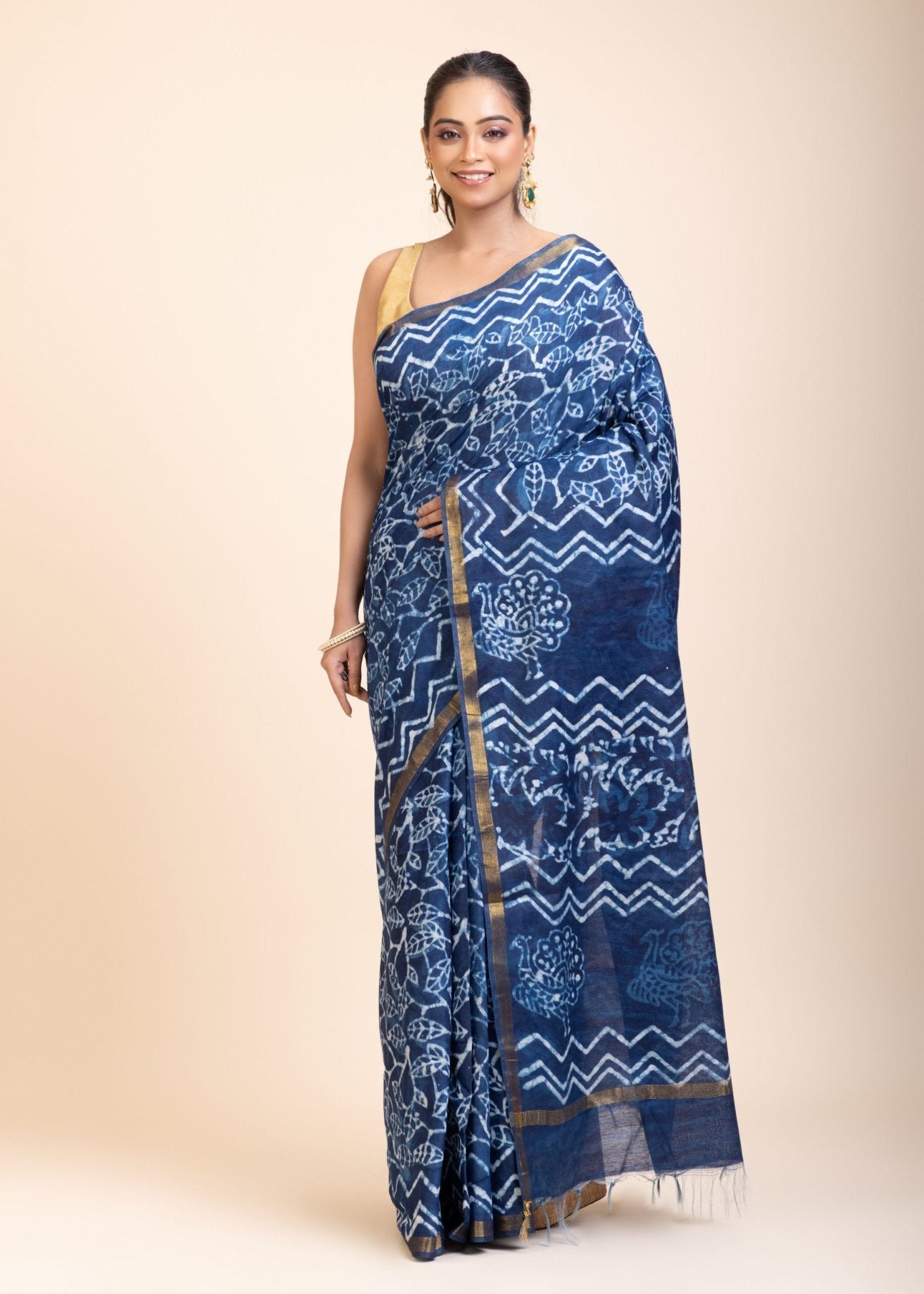 Indigo Hand Block Print Cotton Saree - Anvi Couture