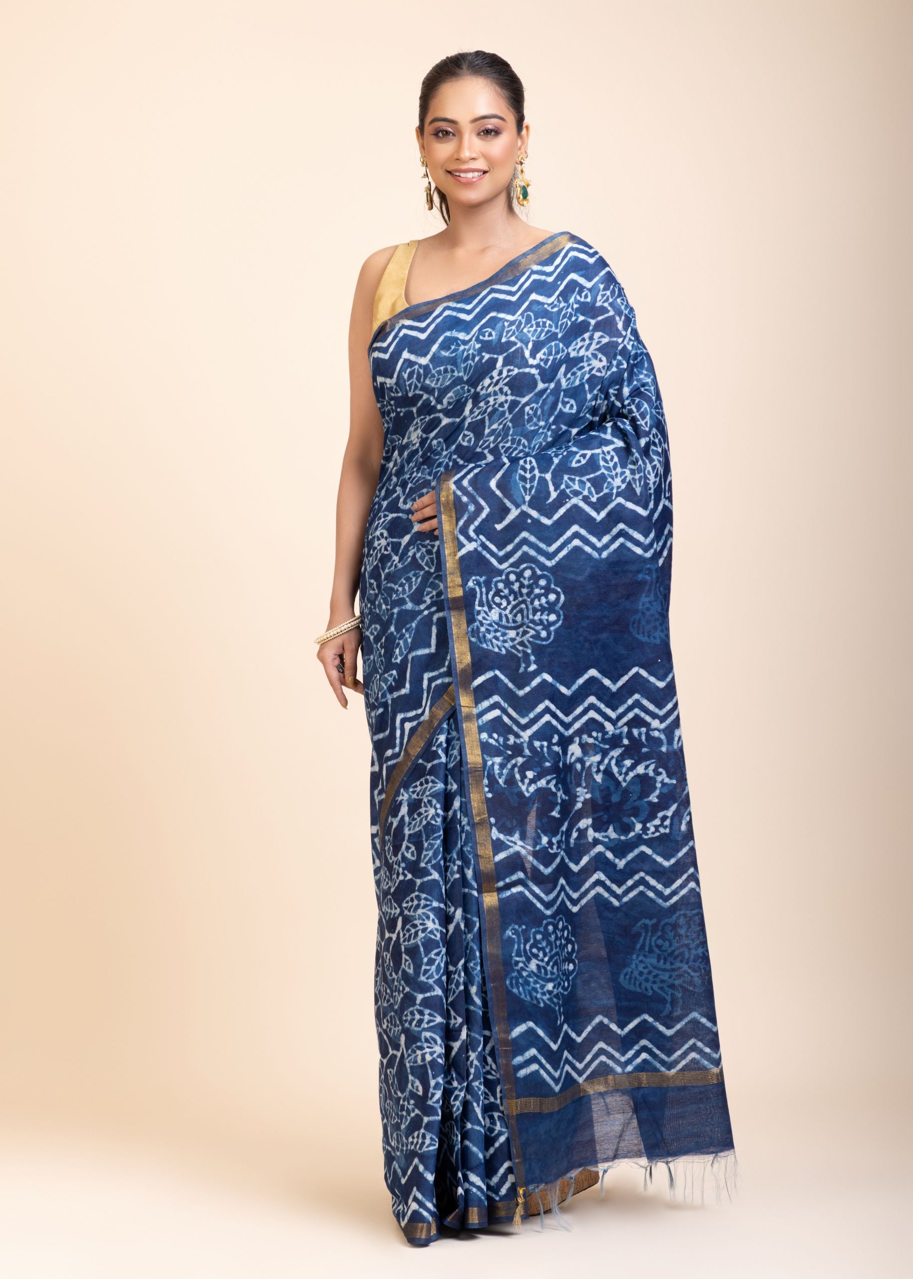 Indigo Hand Block Print Cotton Saree front