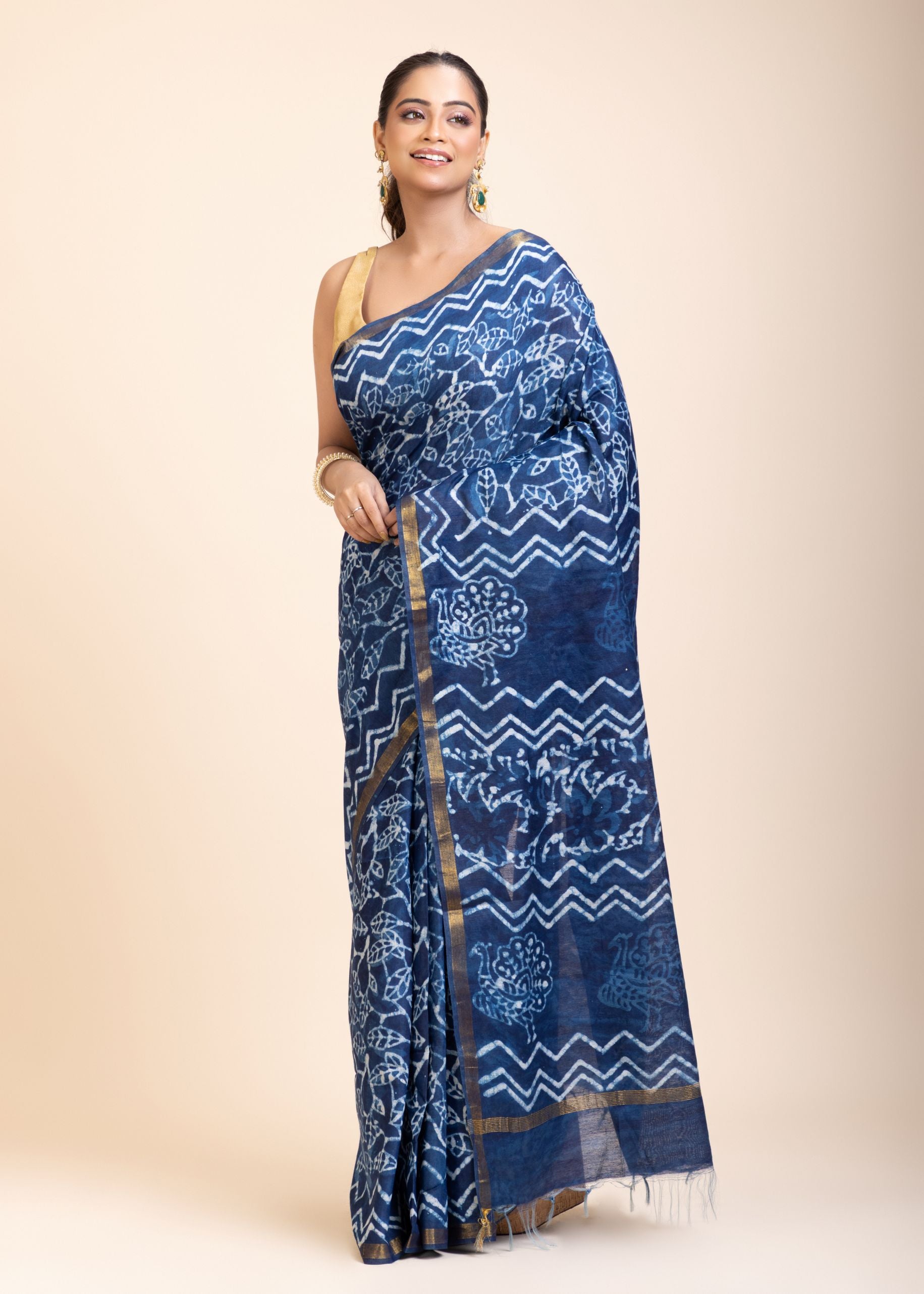 Indigo Hand Block Print Cotton Saree front1