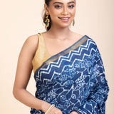 Indigo Hand Block Print Cotton Saree close
