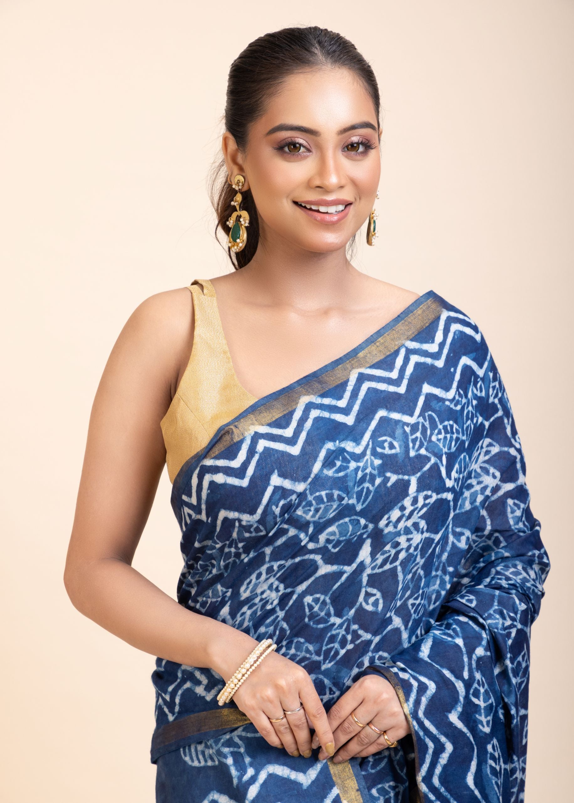 Indigo Hand Block Print Cotton Saree close