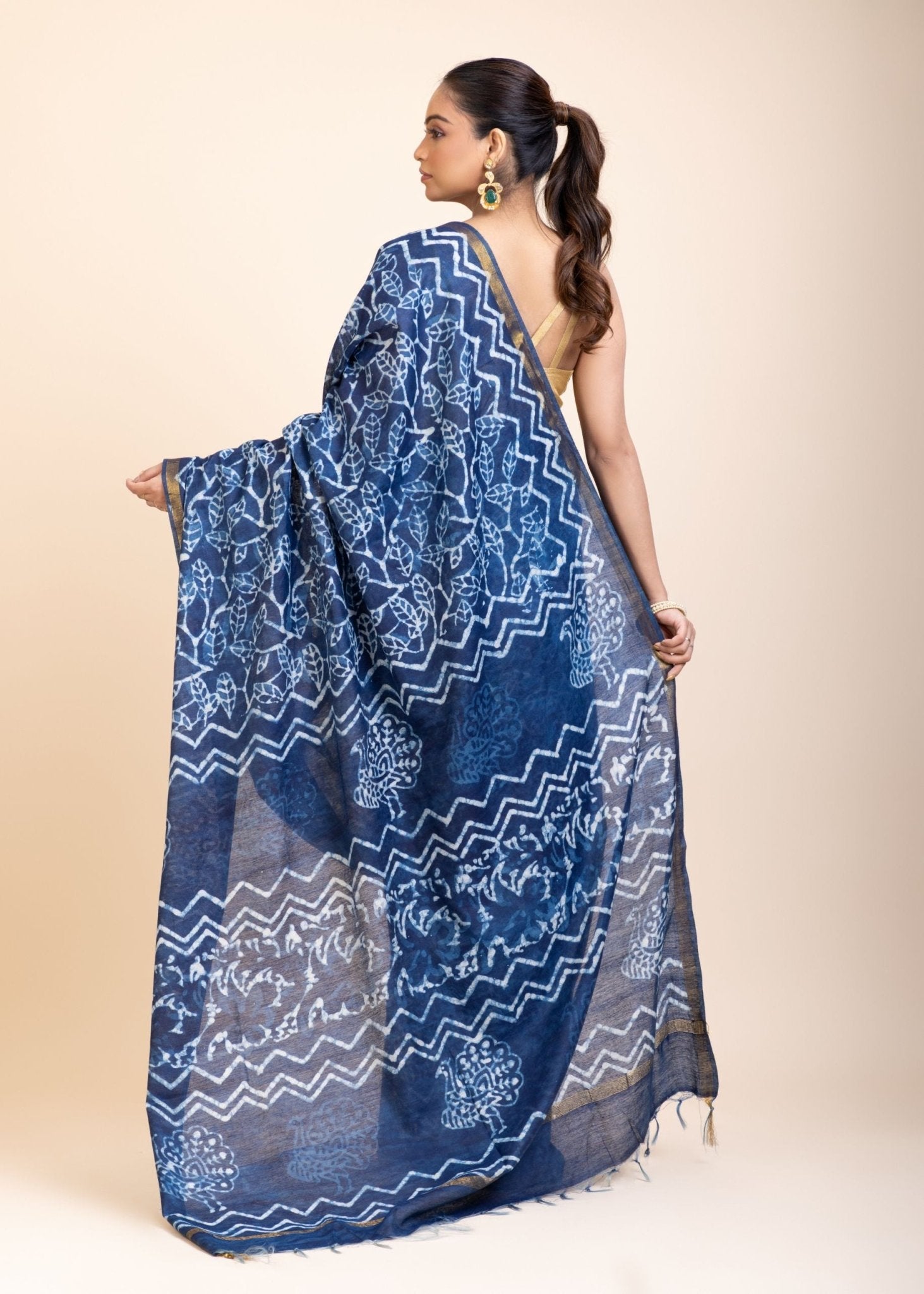 Indigo Hand Block Print Cotton Saree - Anvi Couture