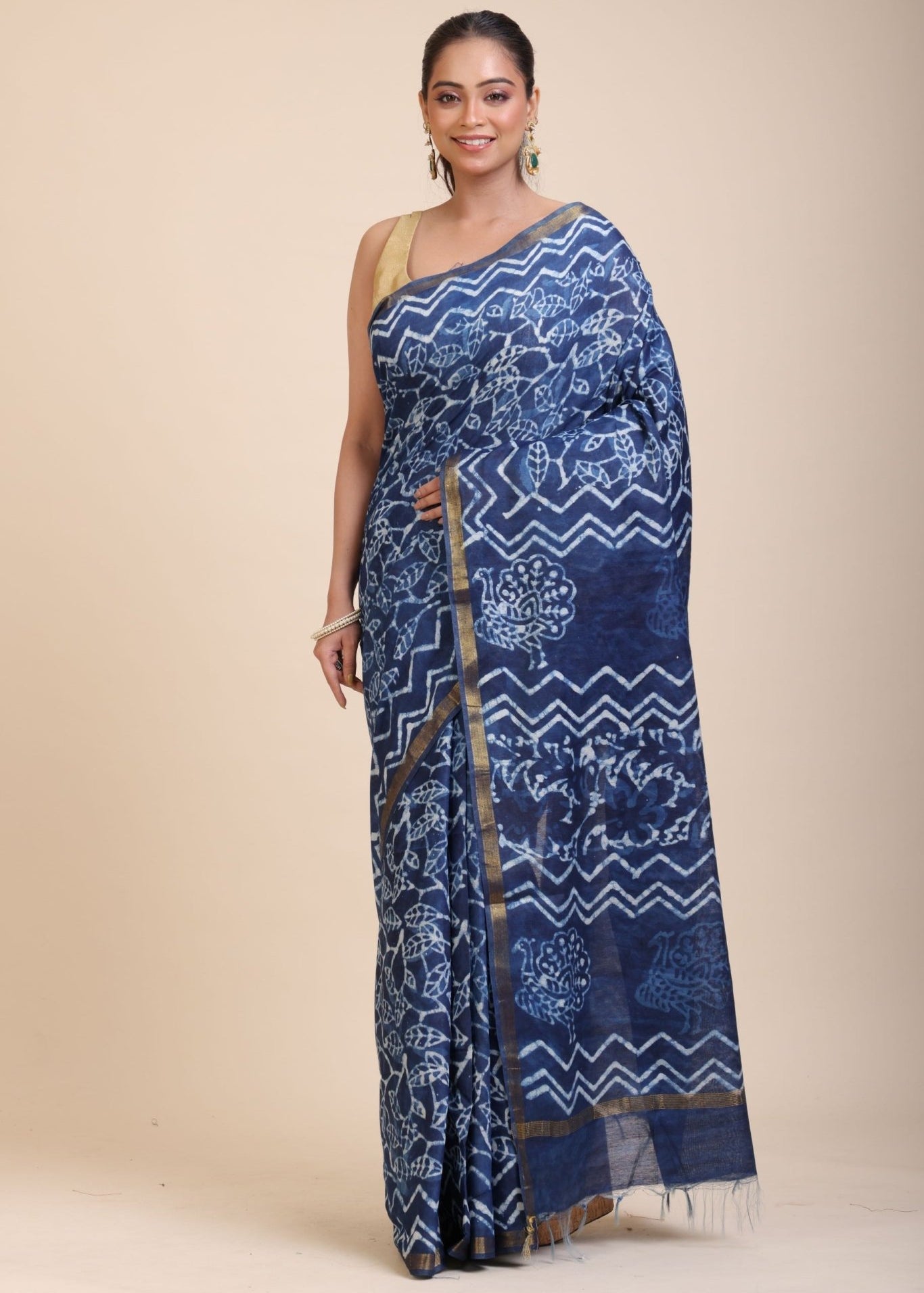 Indigo Hand Block Print Cotton Saree - Anvi Couture
