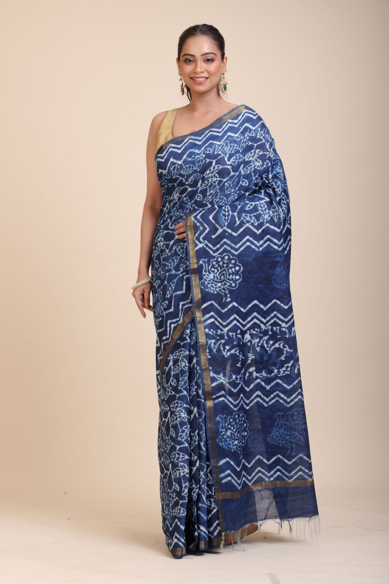 Indigo Hand Block Print Cotton Saree - Anvi Couture
