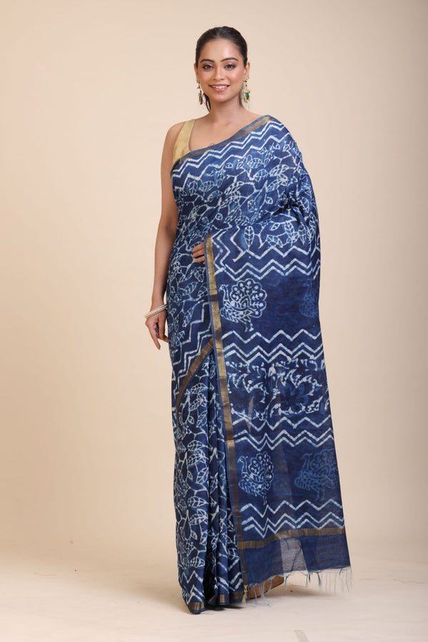 Indigo Hand Block Print Cotton Saree - Anvi Couture