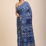 Indigo Hand Block Print Cotton Saree Front
