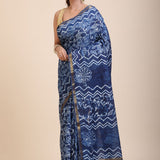 Indigo Hand Block Print Cotton Saree Front
