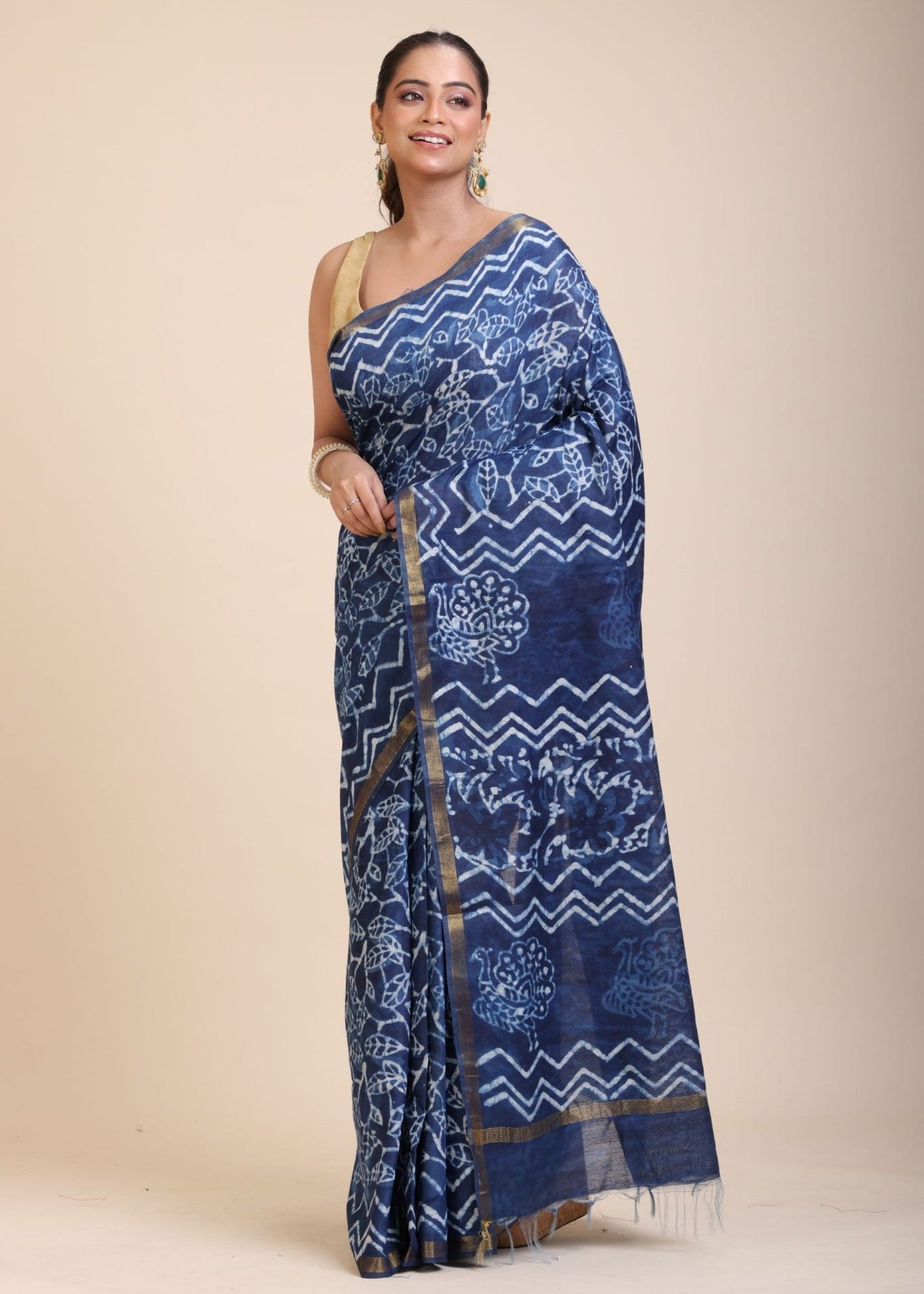 Indigo Hand Block Print Cotton Saree - Anvi Couture