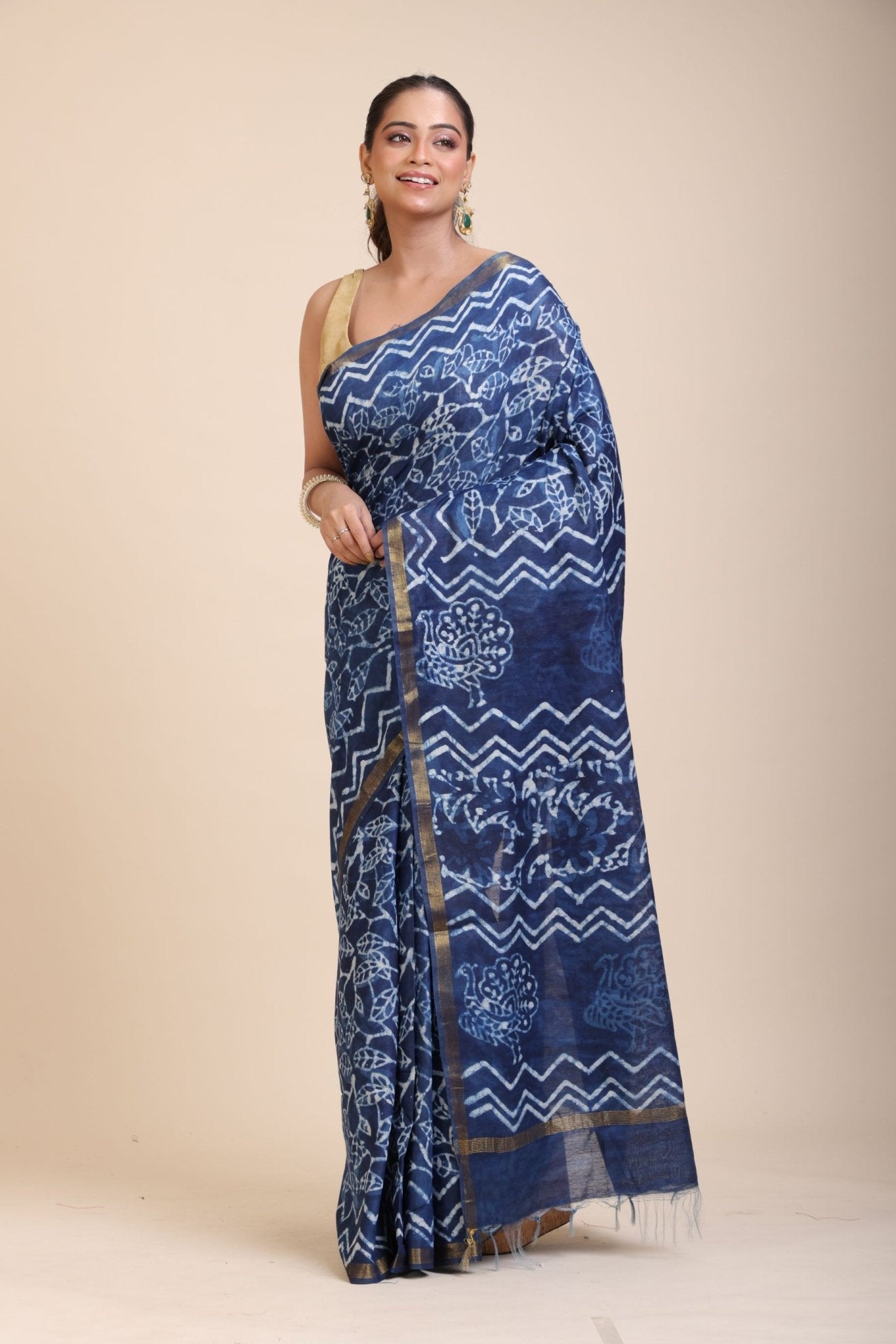 Indigo Hand Block Print Cotton Saree - Anvi Couture