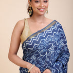 Indigo Hand Block Print Cotton Saree Close Up
