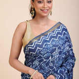 Indigo Hand Block Print Cotton Saree Close Up
