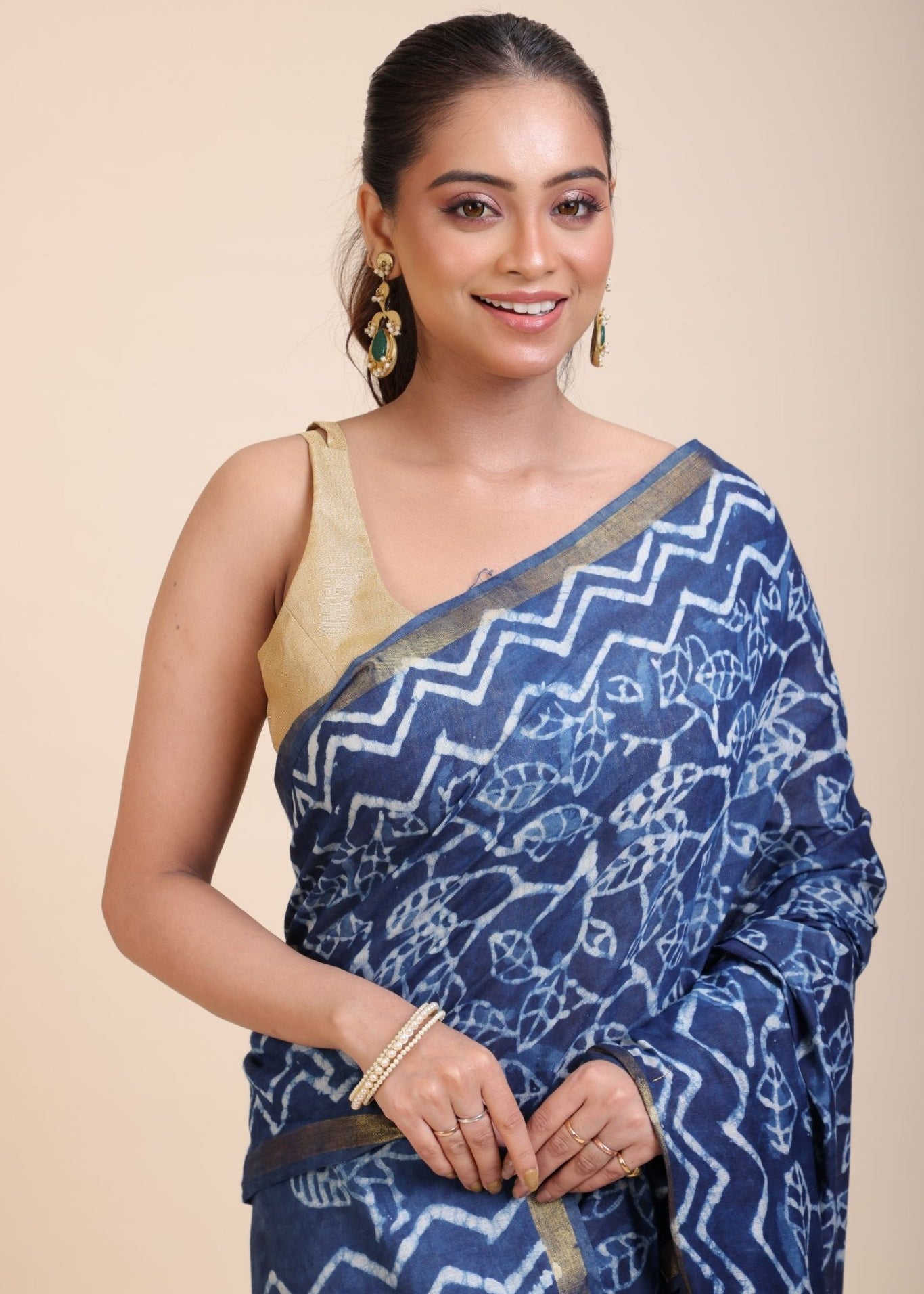 Indigo Hand Block Print Cotton Saree - Anvi Couture