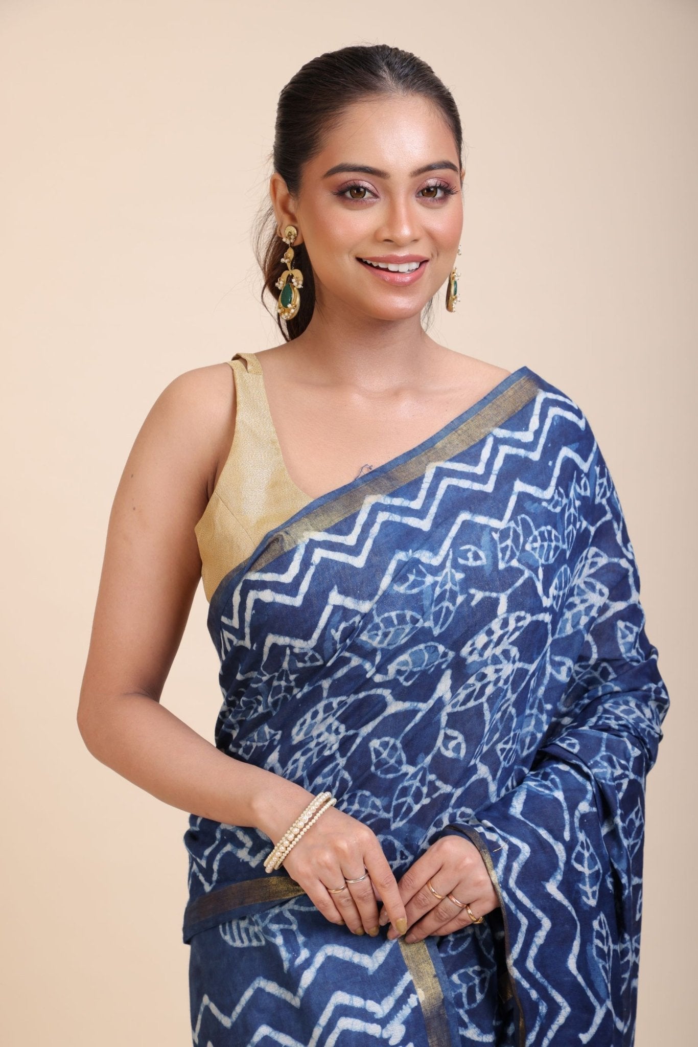 Indigo Hand Block Print Cotton Saree - Anvi Couture