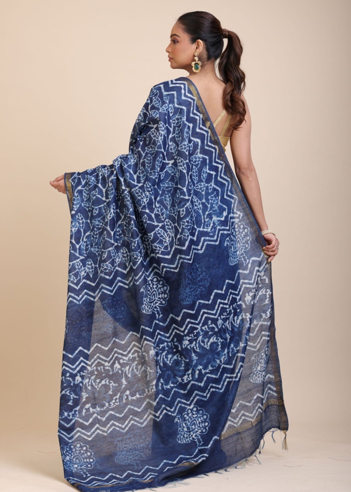 Indigo Hand Block Print Cotton Saree - Anvi Couture