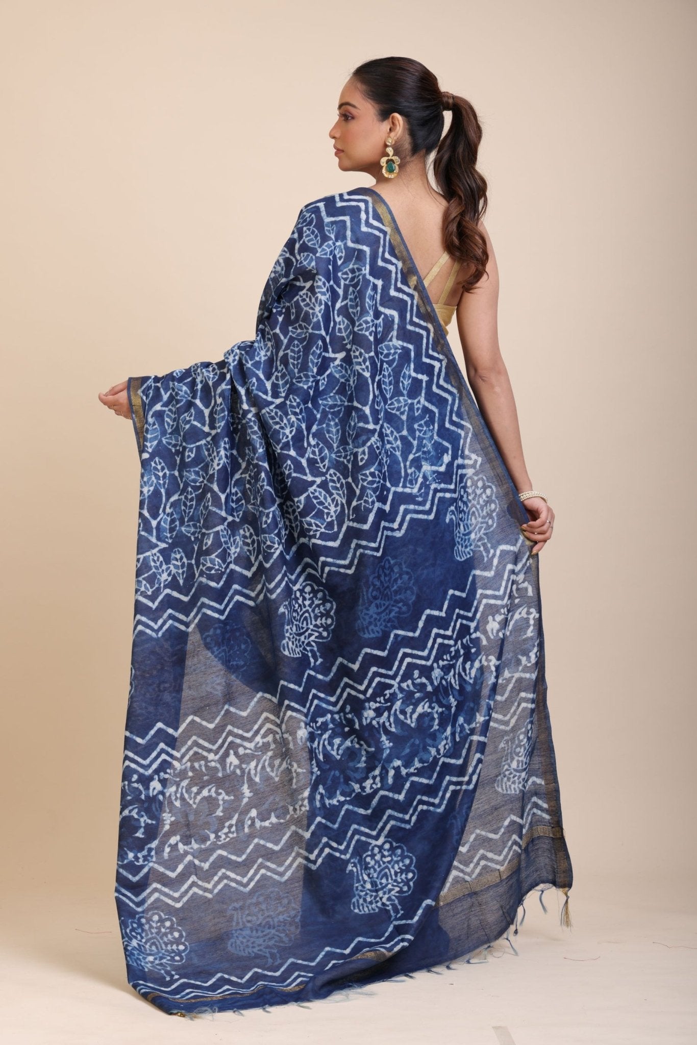 Indigo Hand Block Print Cotton Saree - Anvi Couture