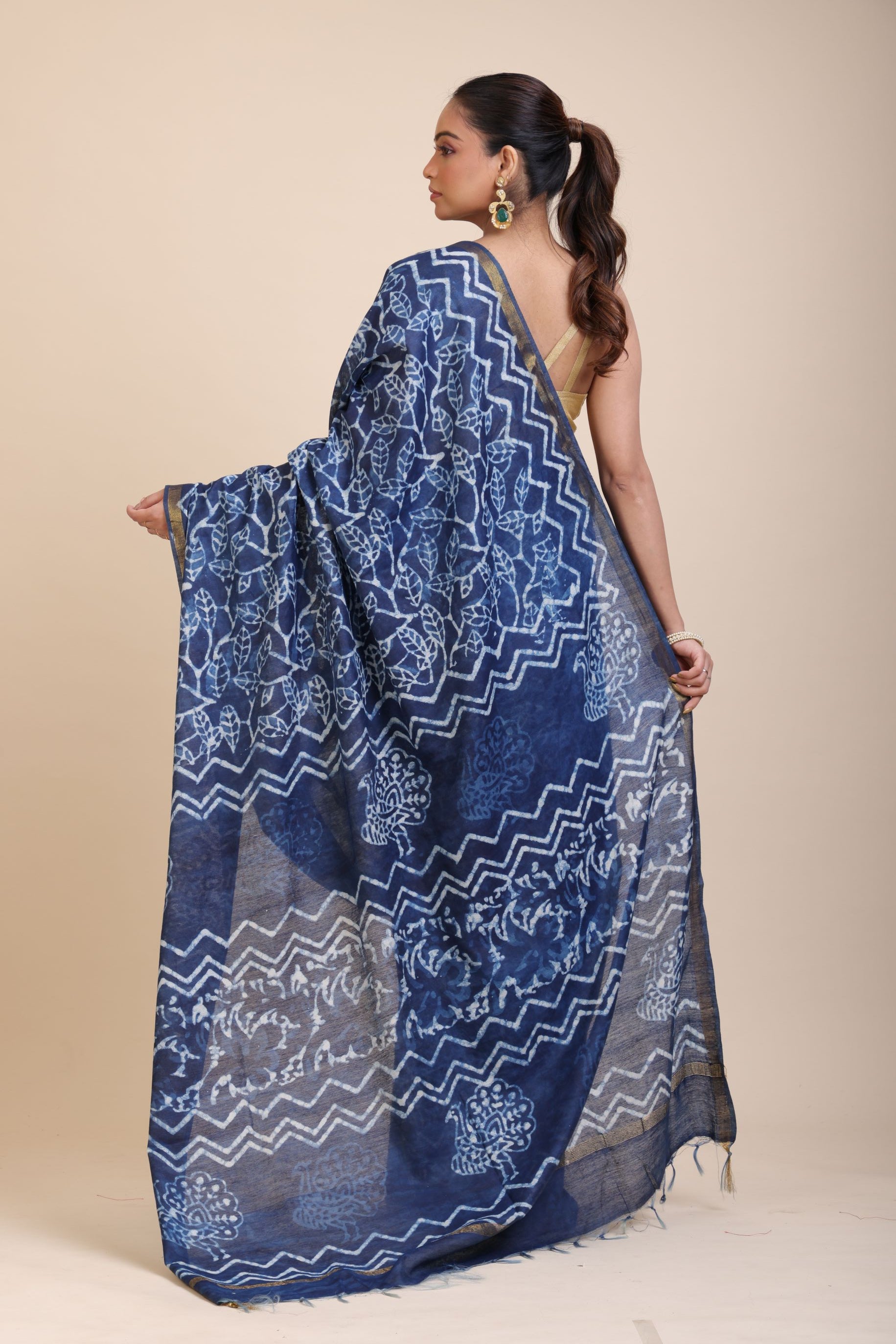 Indigo Hand Block Print Cotton Saree Back

