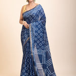 Indigo Handblock Printed Cotton Saree With Golden Border
 front
