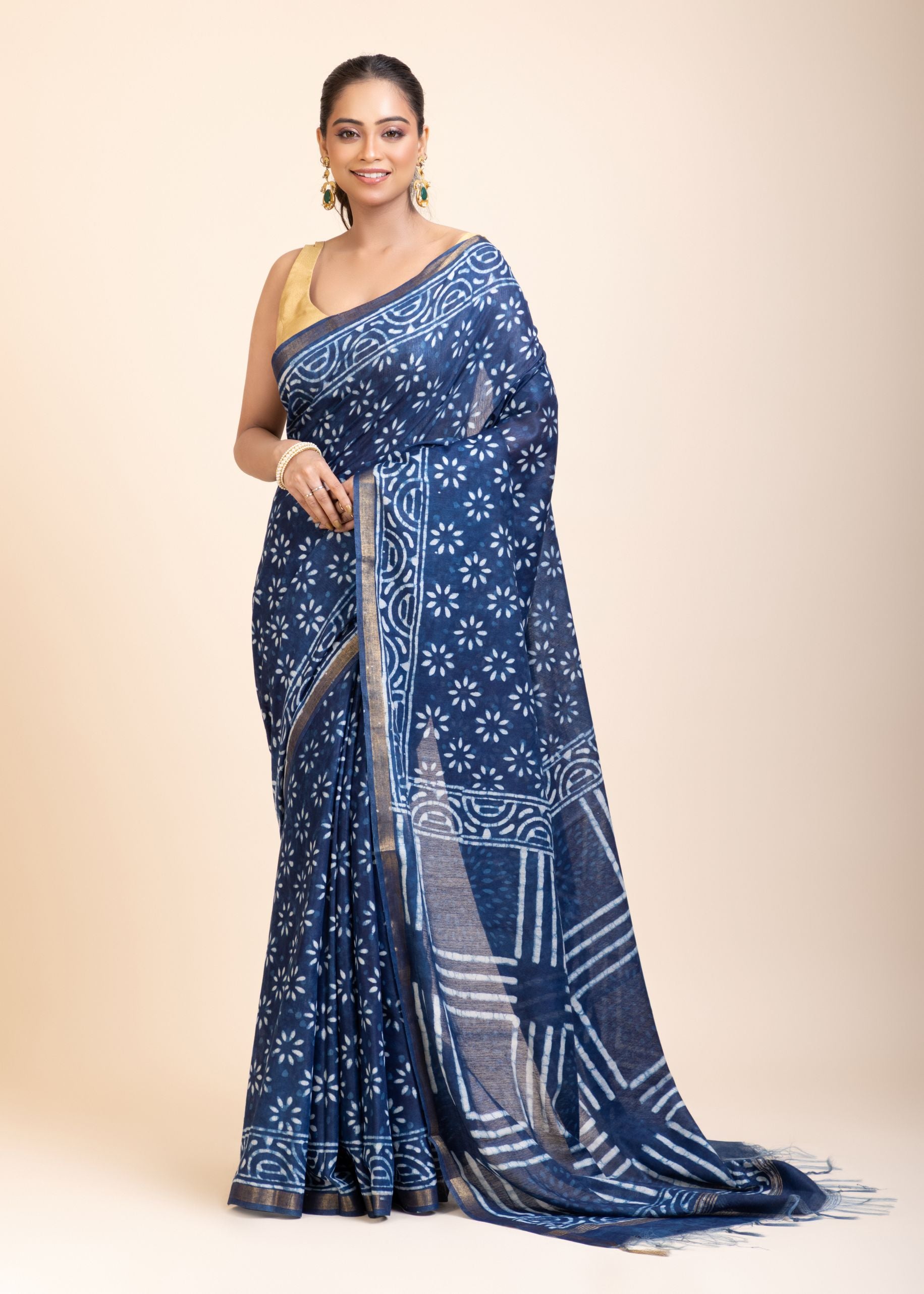 Indigo Handblock Printed Cotton Saree With Golden Border
 front