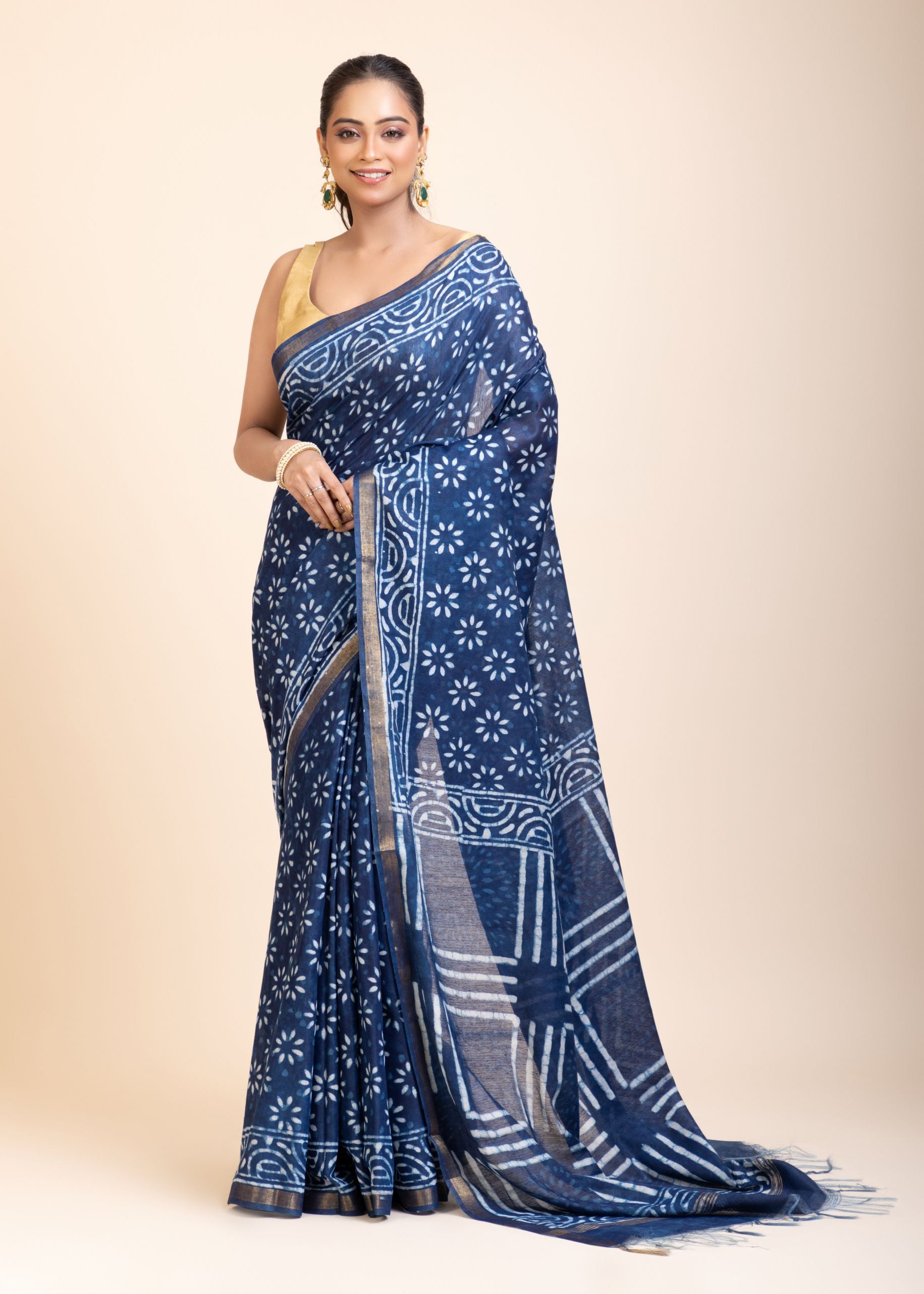 Indigo Handblock Printed Cotton Saree With Golden Border
 front
