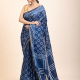 Indigo Handblock Printed Cotton Saree With Golden Border
side