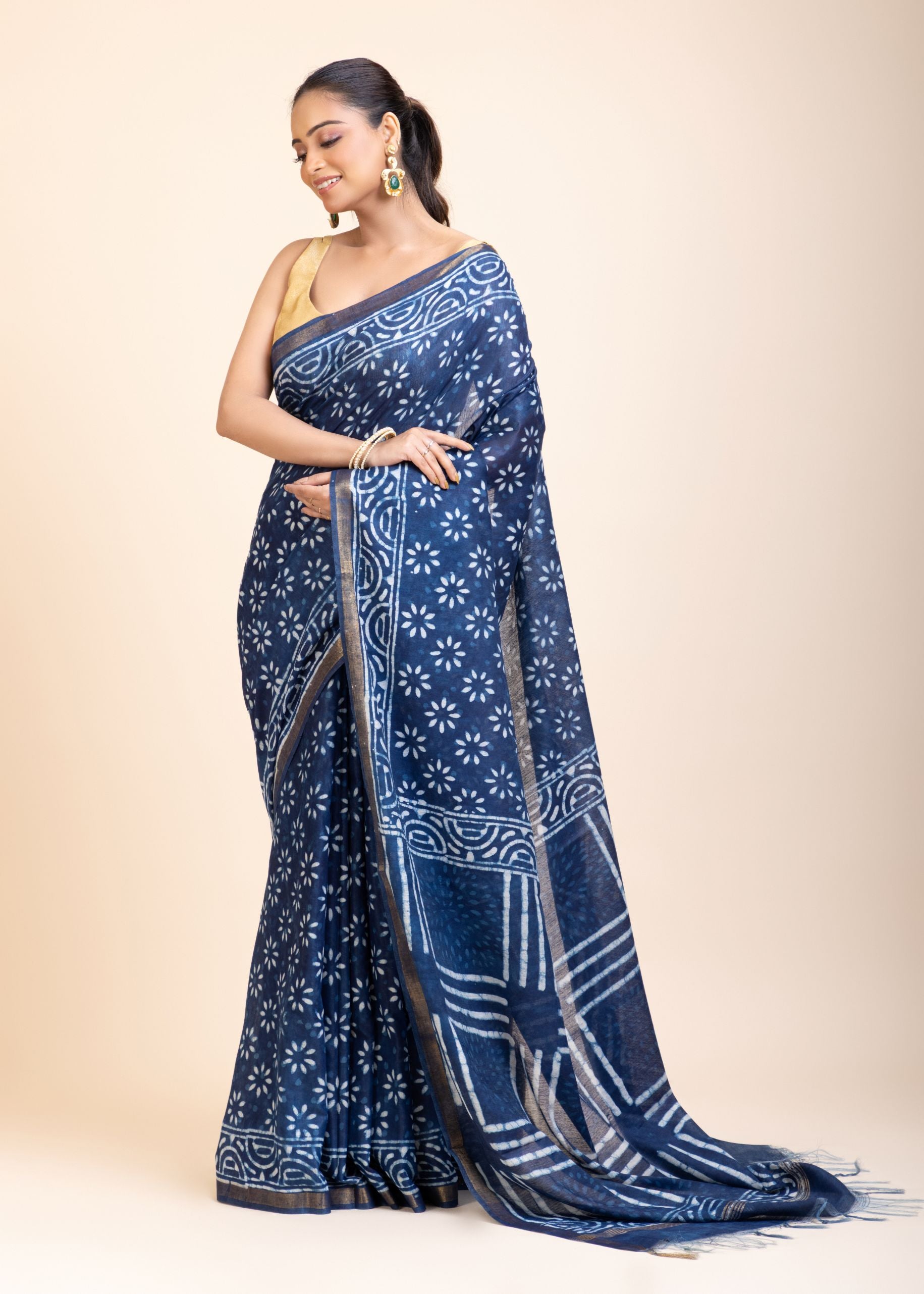 Indigo Handblock Printed Cotton Saree With Golden Border
side