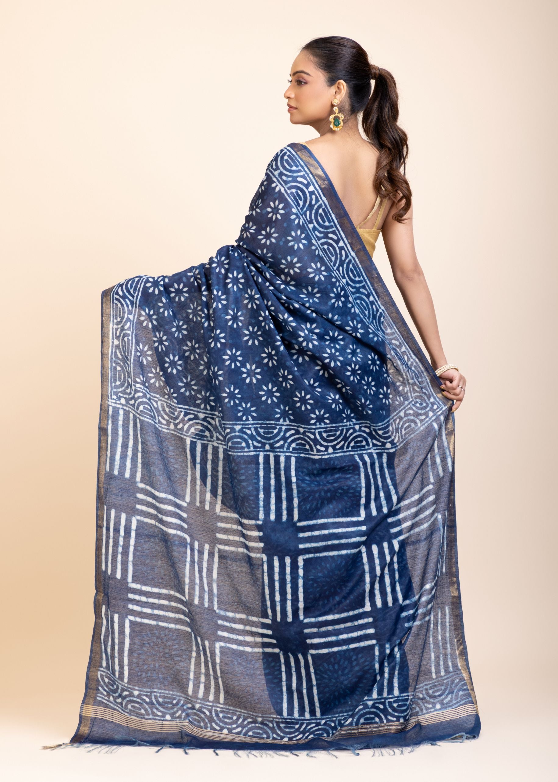 Indigo Handblock Printed Cotton Saree With Golden Border
back