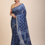 Indigo Handblock Printed Cotton Saree With Golden Border Full
