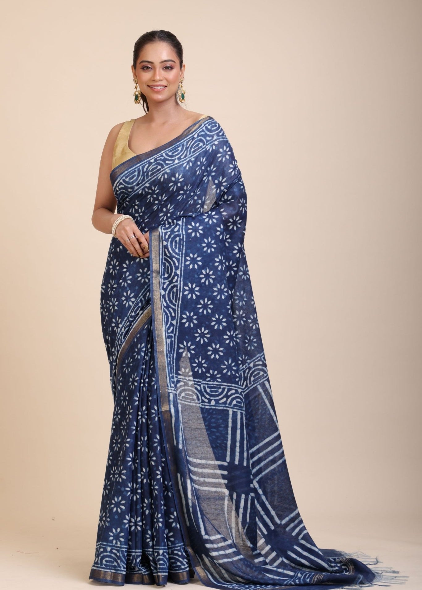 Indigo Handblock Printed Cotton Saree With Golden Border - Anvi Couture
