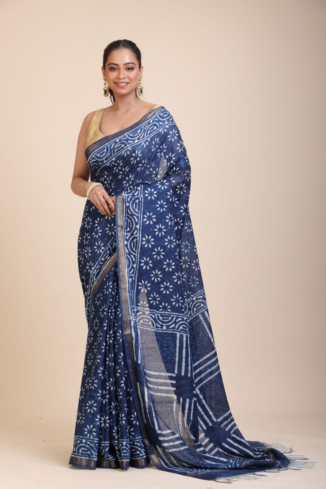Indigo Handblock Printed Cotton Saree With Golden Border - Anvi Couture