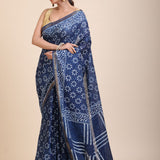 Indigo Handblock Printed Cotton Saree With Golden Border Front
