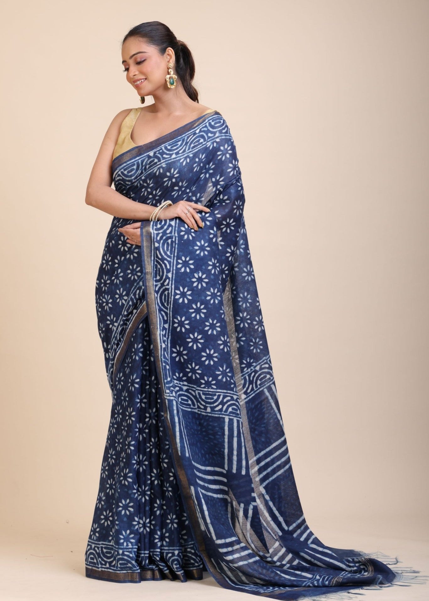 Indigo Handblock Printed Cotton Saree With Golden Border - Anvi Couture
