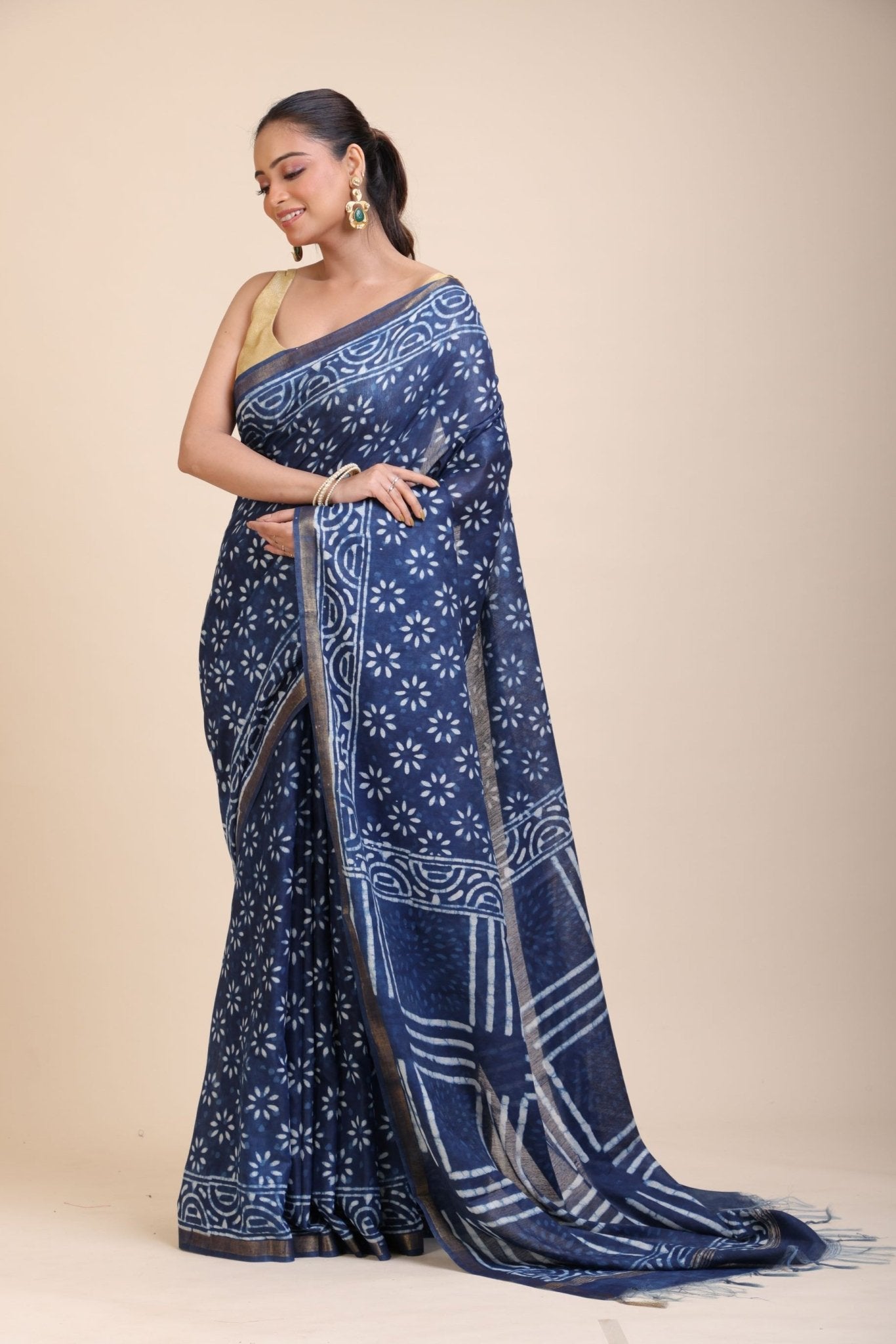 Indigo Handblock Printed Cotton Saree With Golden Border - Anvi Couture